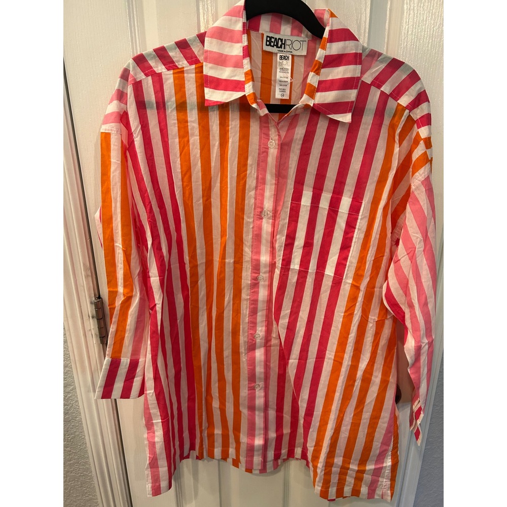 Beach Riot Button Down Shirt Pink Orange Striped Cotton Oversized‎ Coverup Top
